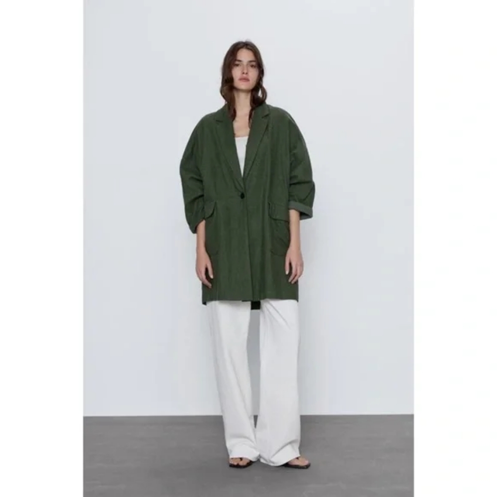 Zara Rustic Oversized Cotton/Linen Blend Blazer Coat Dark Green Size Lar…